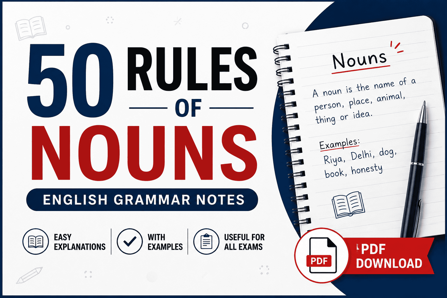 50 Rules of Nouns PDF Download - English Grammar Handwritten Notes note thumbnail