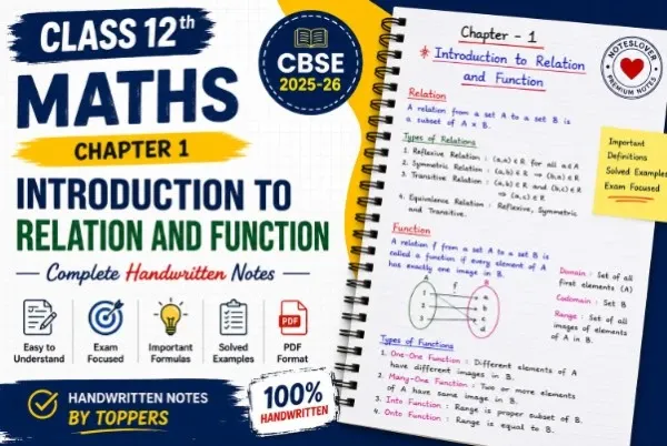 Class 12 Maths Chapter 1 Introduction to Relation and Function Handwritten Notes PDF | CBSE 2026 note thumbnail
