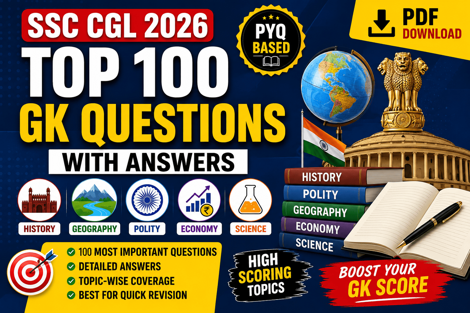 SSC CGL Top 100 GK Questions with Answers PDF 2026 (PYQ Based) thumbnail